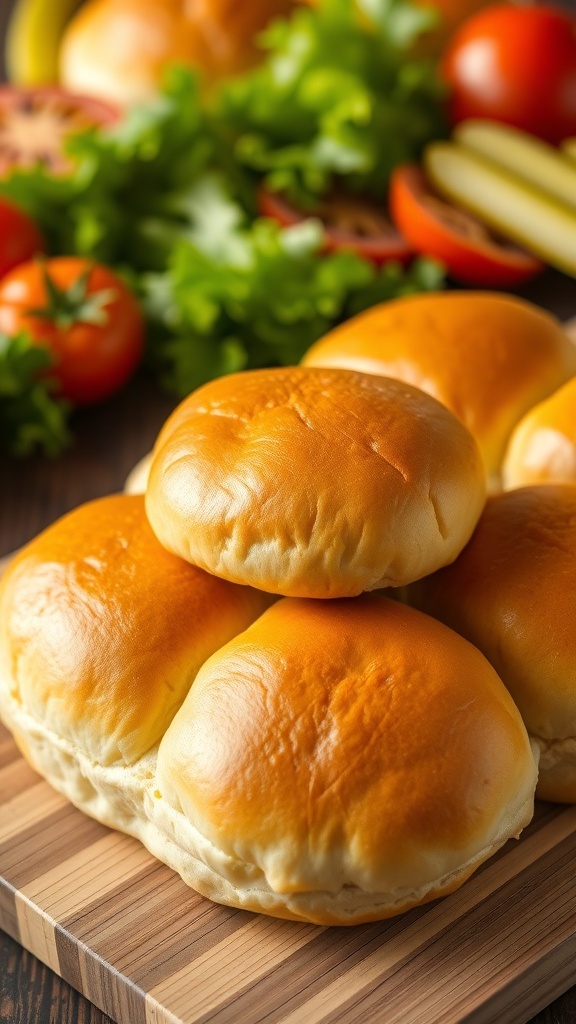 Freshly baked golden hamburger buns on a wooden board, ready for burgers.